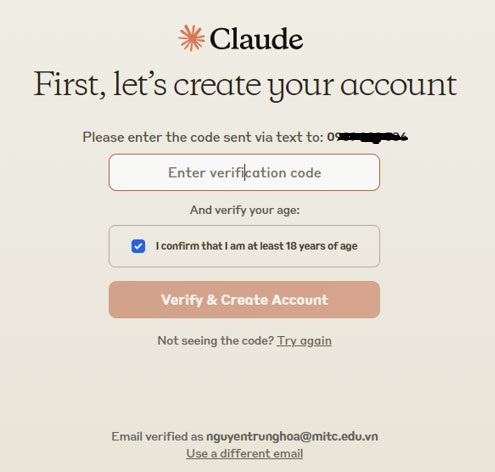 Cách đăng ký tài khoản Claude.AI chính chủ miễn phí tại Việt Nam 5